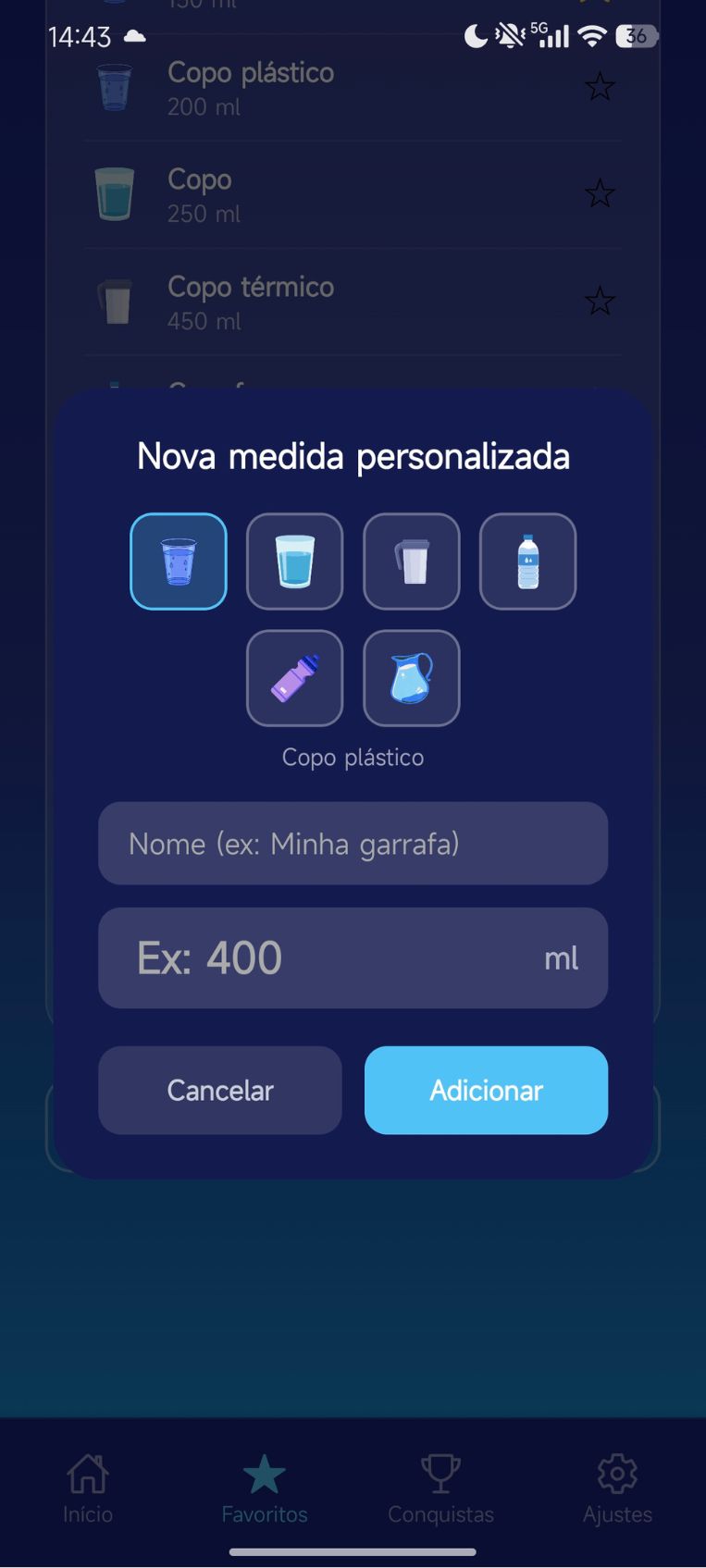 Personalização de novo recipiente de água