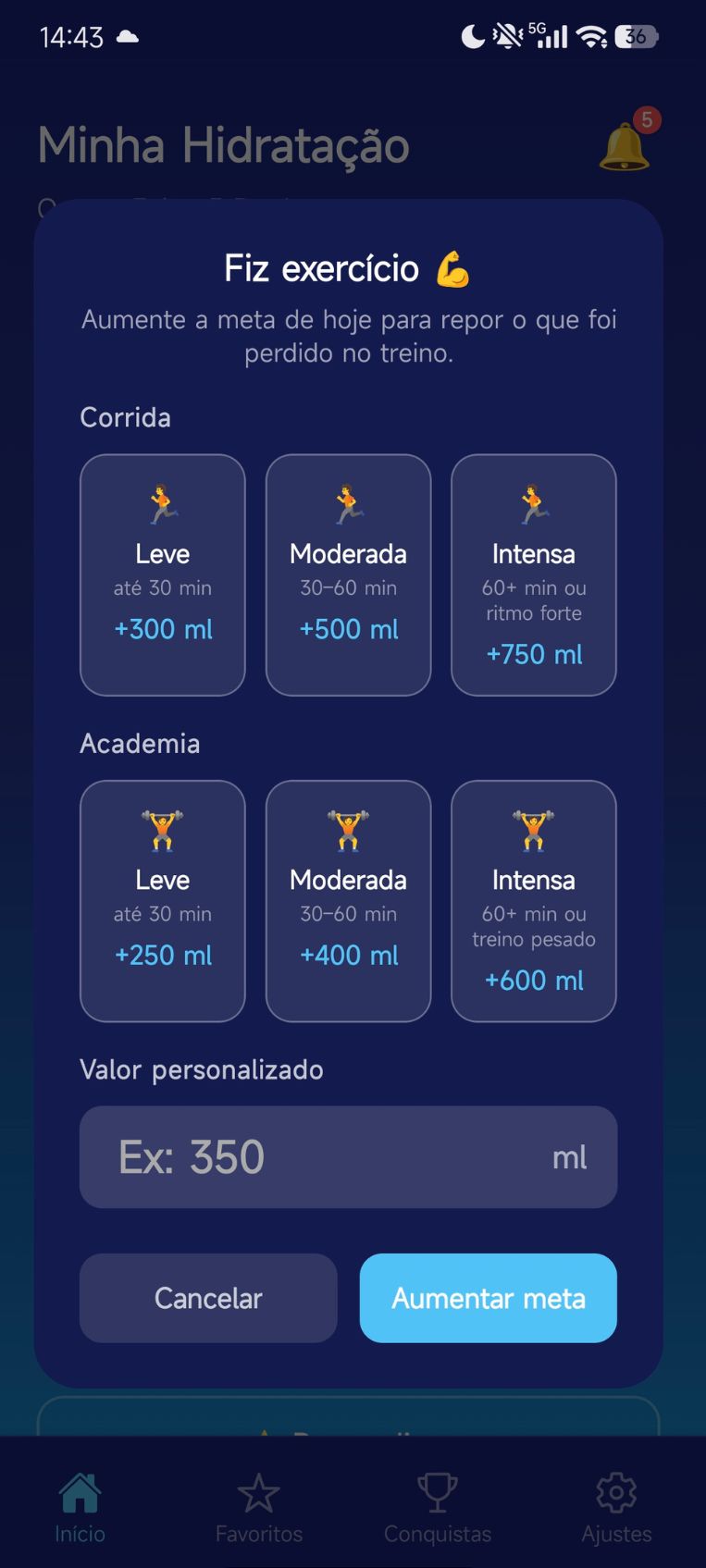 Registro de atividade física para ajustar a meta do dia