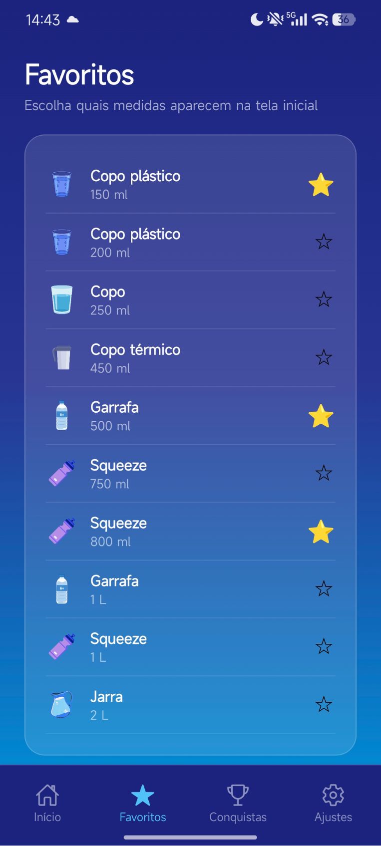 Seleção de recipientes mais utilizados / favoritos