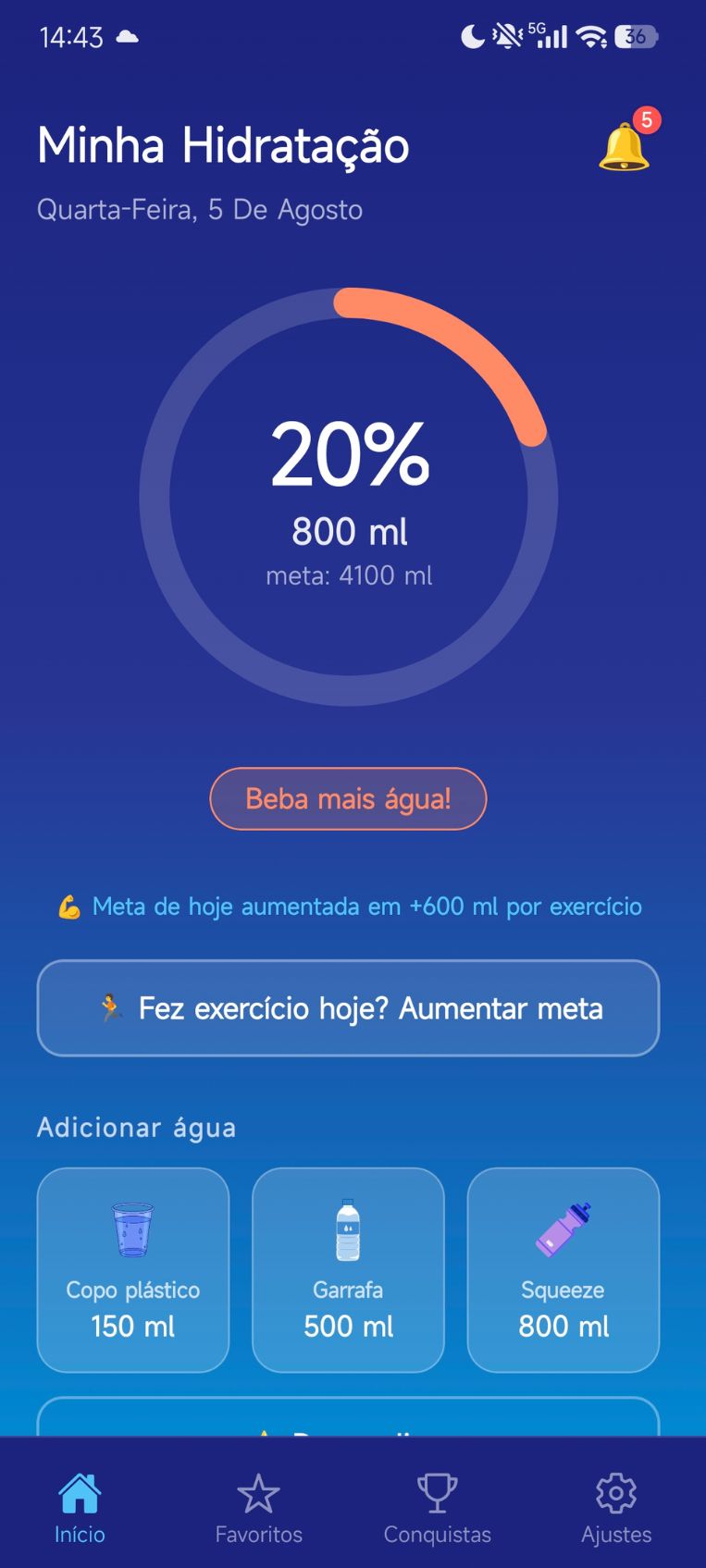 Tela inicial com meta clara e atalhos de registro